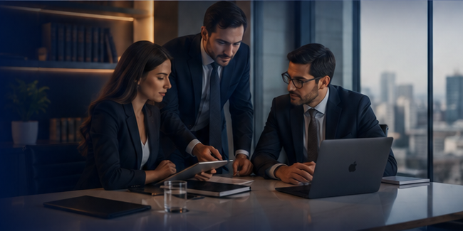 Equipo legal colaborando en una reunión de trabajo